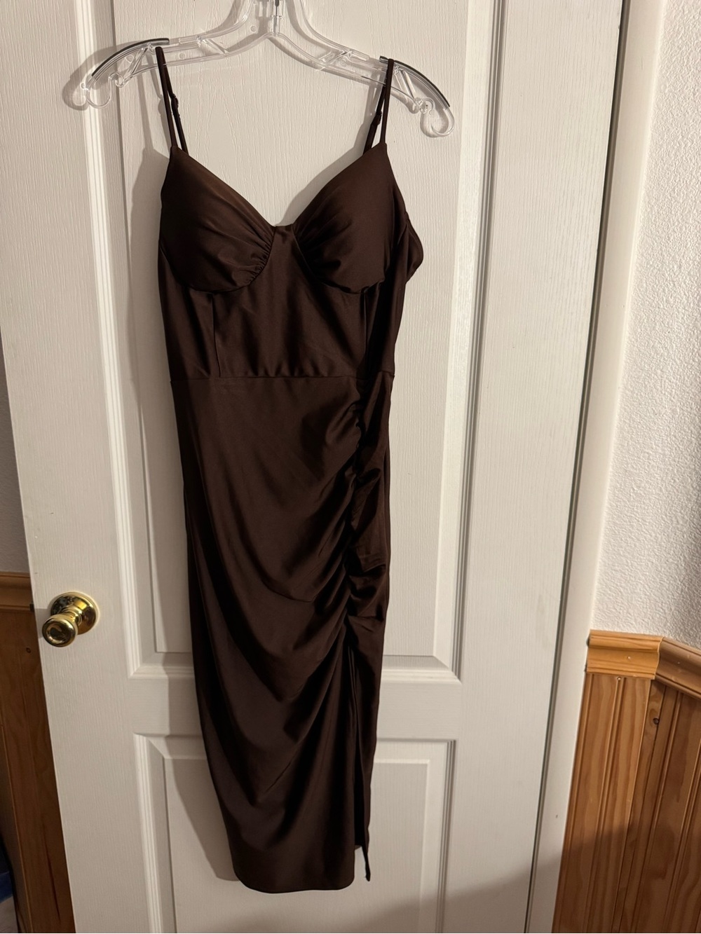 Sleek Brown Midi Dress with Ruched Side and Spaghetti Straps